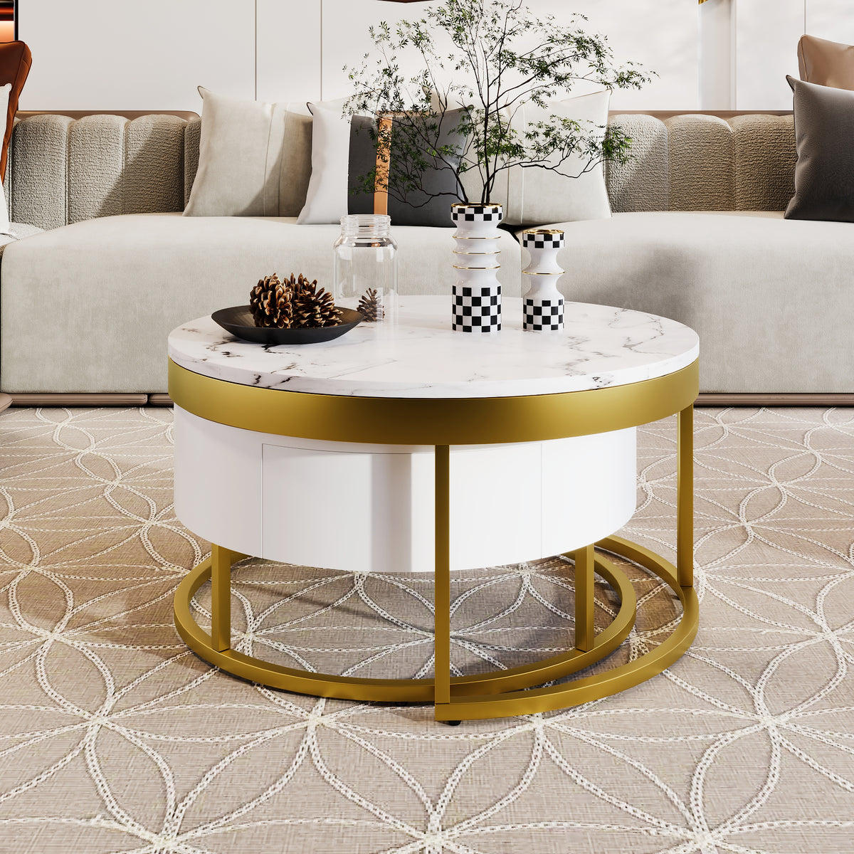 Round Nesting Coffee Table Set White Marble