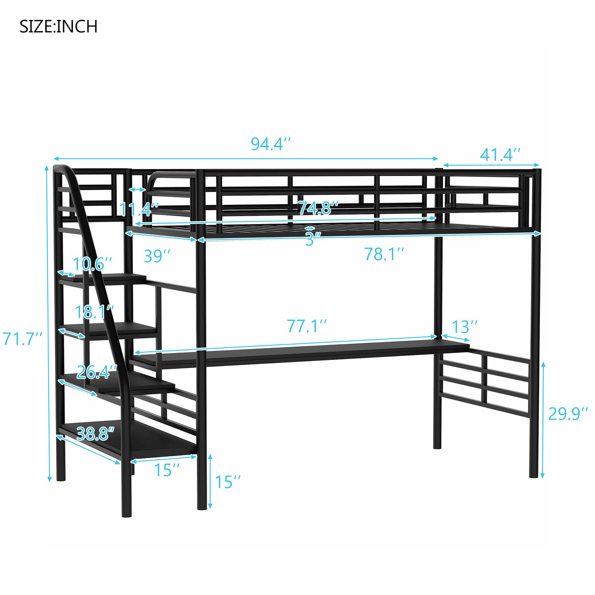 Metal Loft Bed with Desk Gray
