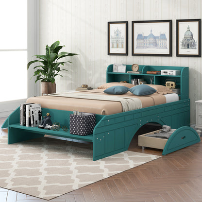 Full Platform Bed with Headboard Dark Green