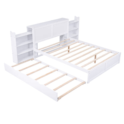 Queen Storage Platform Bed with Trundle White
