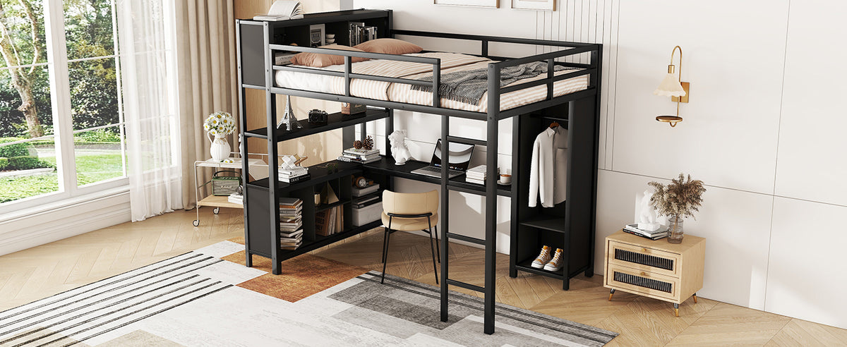 Metal L-Shaped Loft Bed – Black