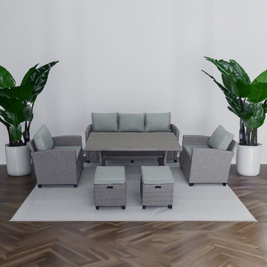 Outdoor Rattan Dining Set (6 pcs) – Gray Mat