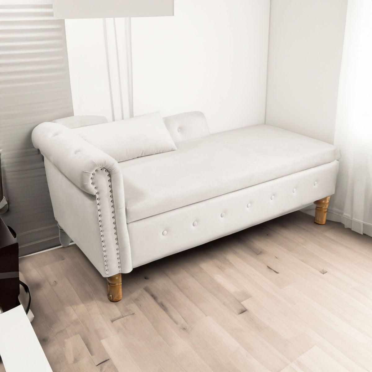 Beige Chaise Lounge with Storage and Pillow