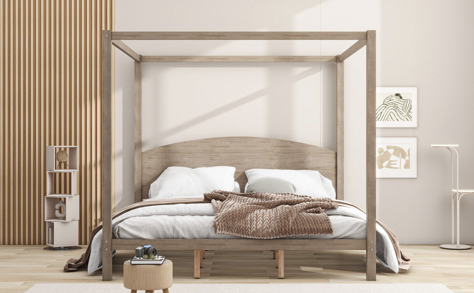 Canopy Platform Bed with Headboard Brown Wash
