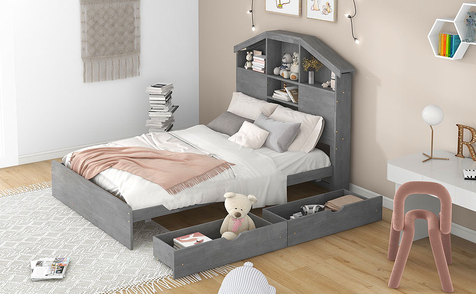 Full Platform Bed with Storage Headboard Gray