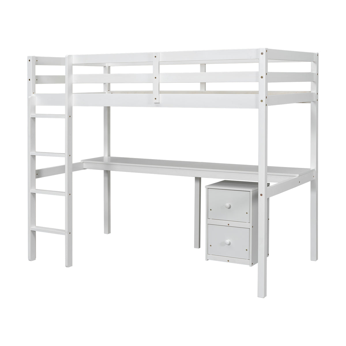 White Twin Loft Bed with Storage & Ladder