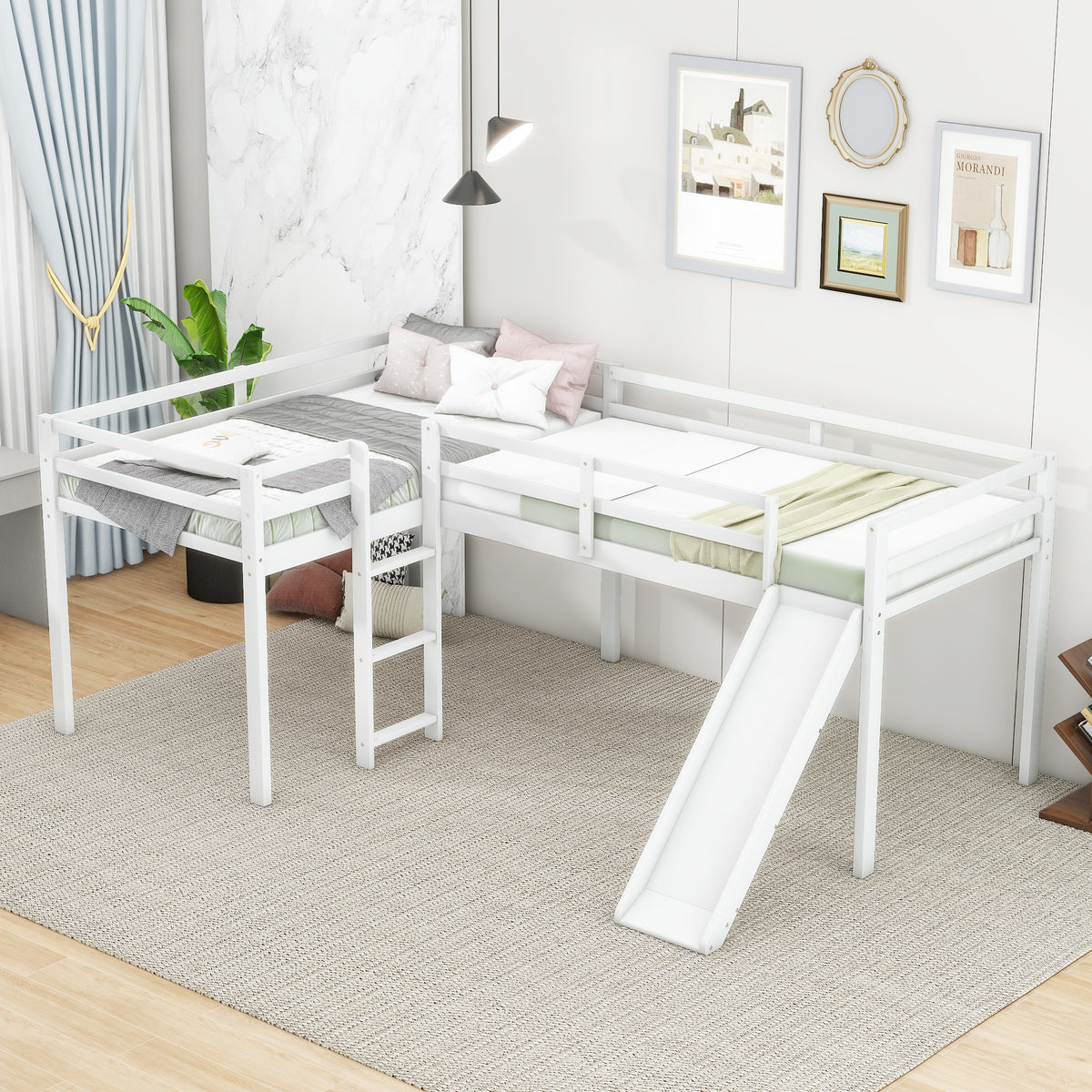 L-Shaped Twin Loft Bed with Slide White