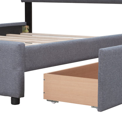 Linen Upholstered Platform Bed with Drawers Dark Gray