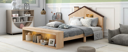 Full Platform Bed with LED Headboard – Natural Wood