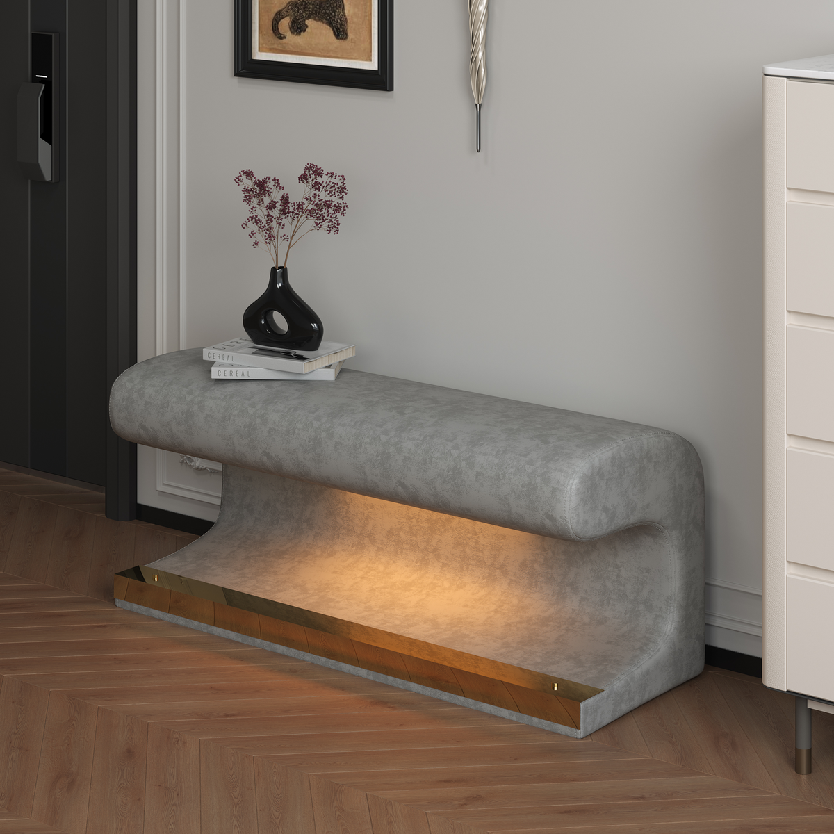 Leather Upholstered LED Entryway Bench – Gray