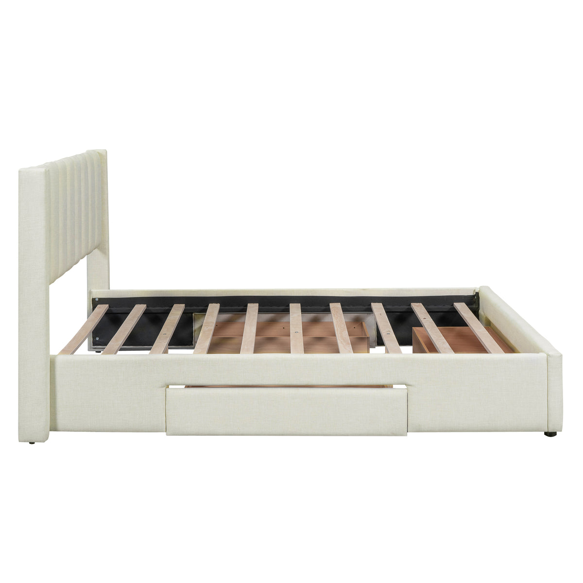 Upholstered Platform Bed with Drawers Beige