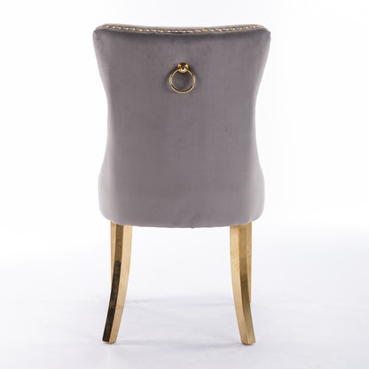 Tufted Velvet Dining Chair Set (2 pcs) – Gray & Gold Legs