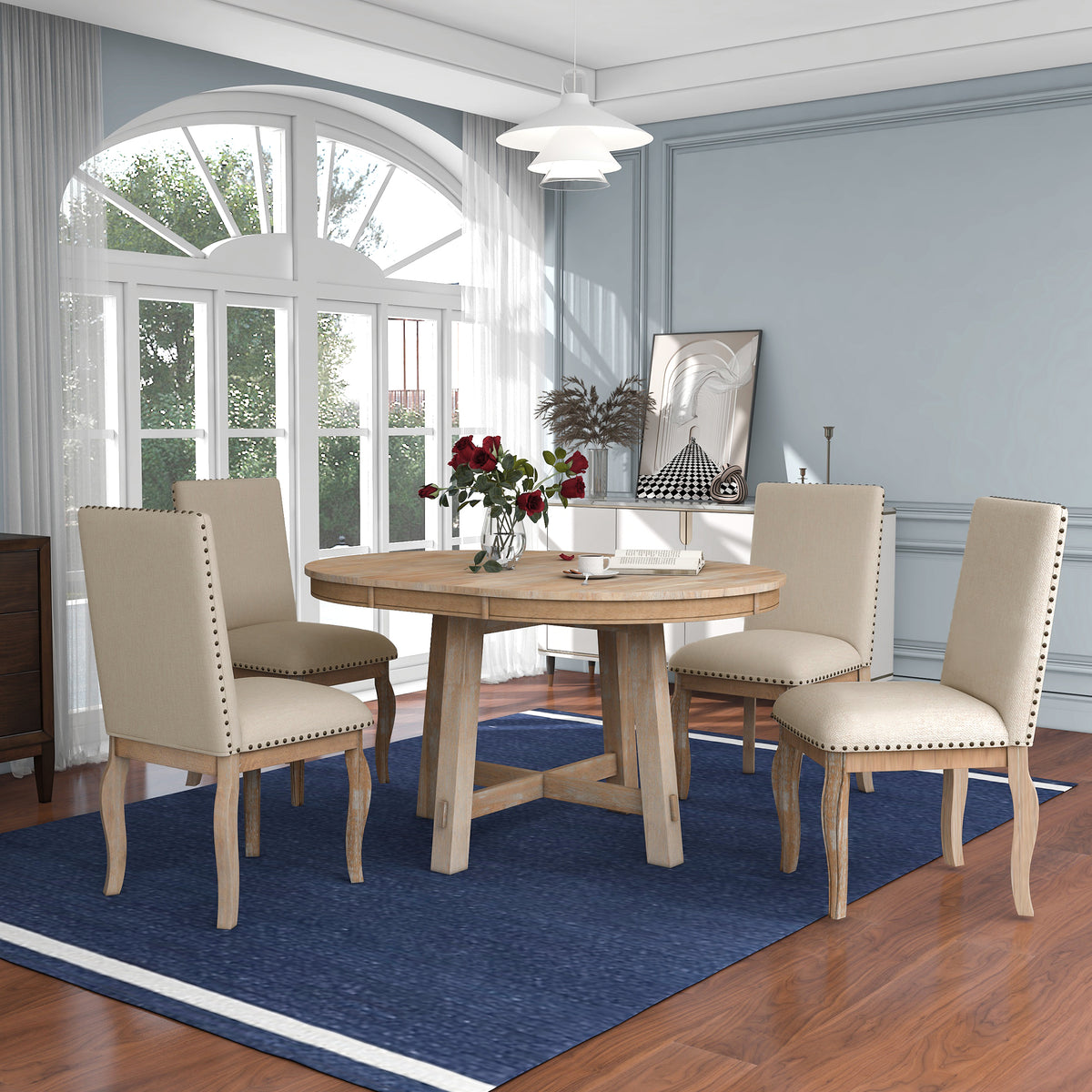 5-Piece Dining Set with Round Table Wood Wash