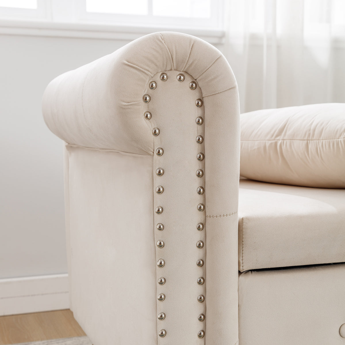 Beige Chaise Lounge with Storage and Pillow