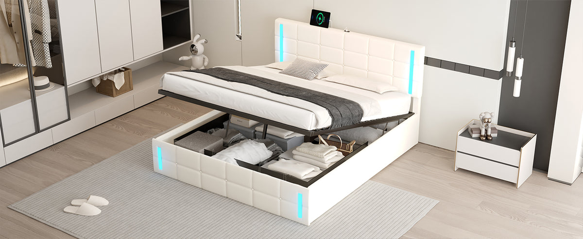Queen Upholstered Bed with LED White