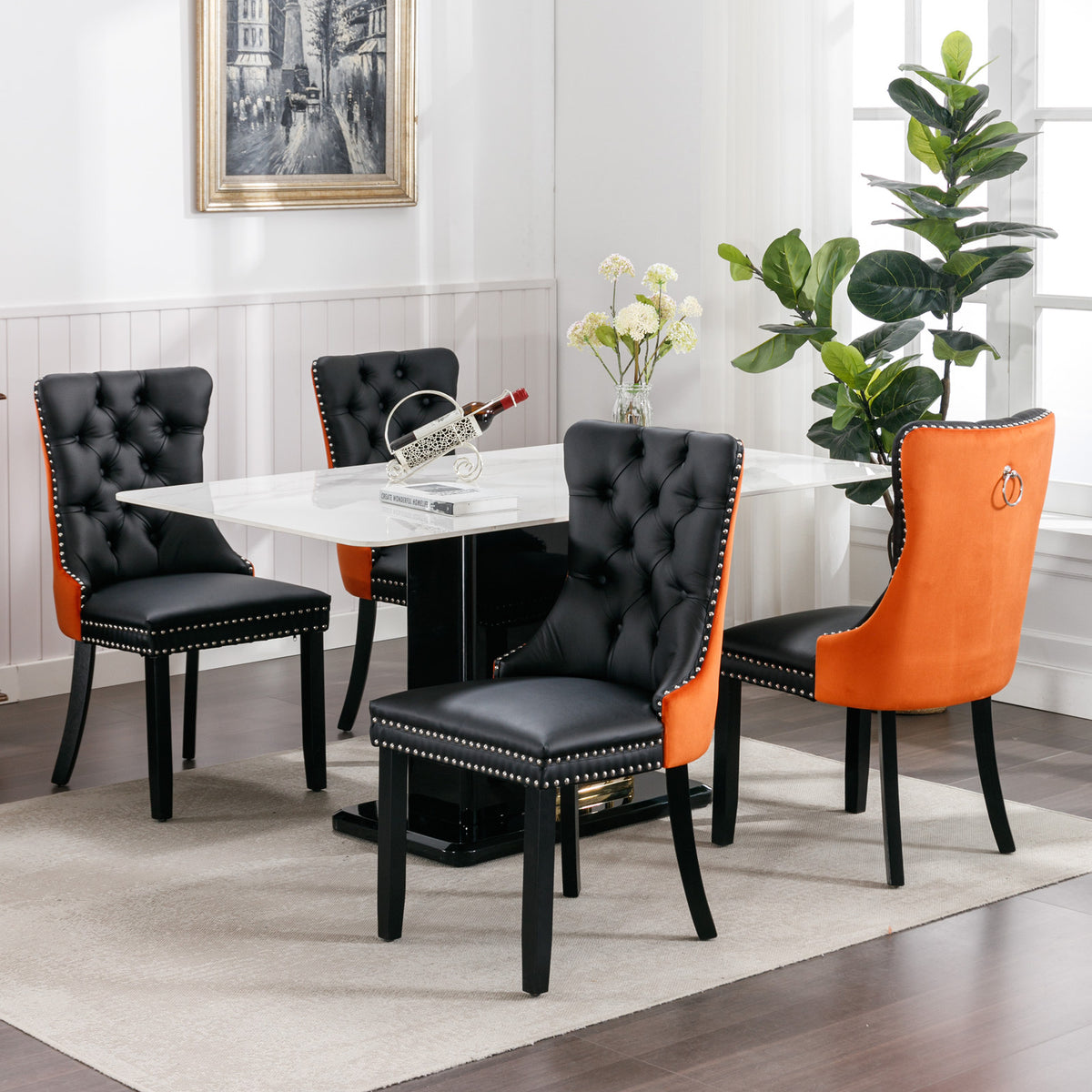 Nikki Tufted Linen Dining Chair Set (2 pcs) – Black and Orange