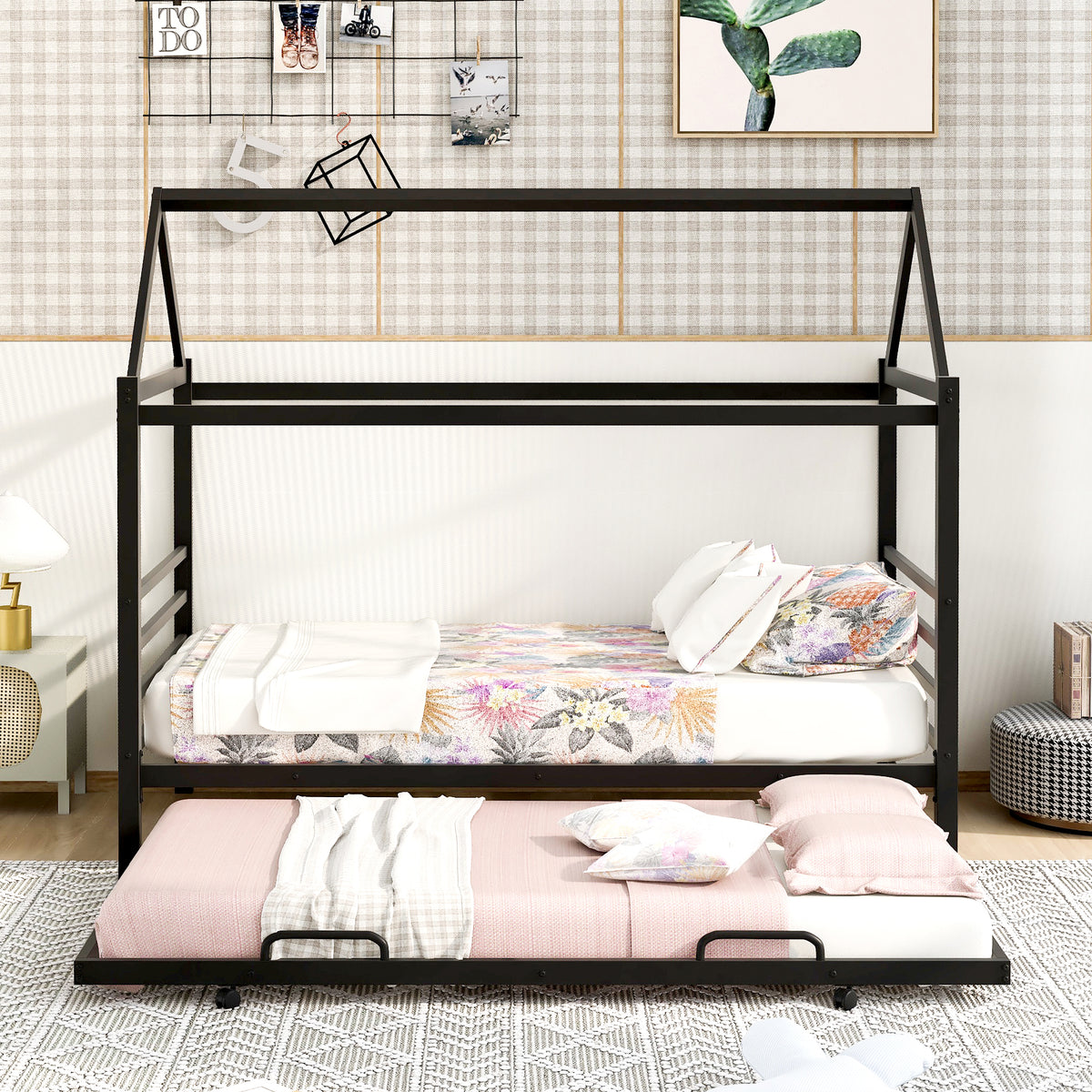 Metal House Platform Bed with Trundle Black