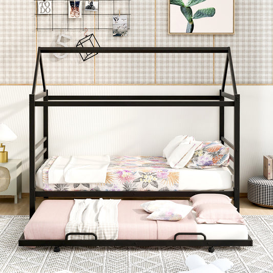 Metal House Platform Bed with Trundle Black
