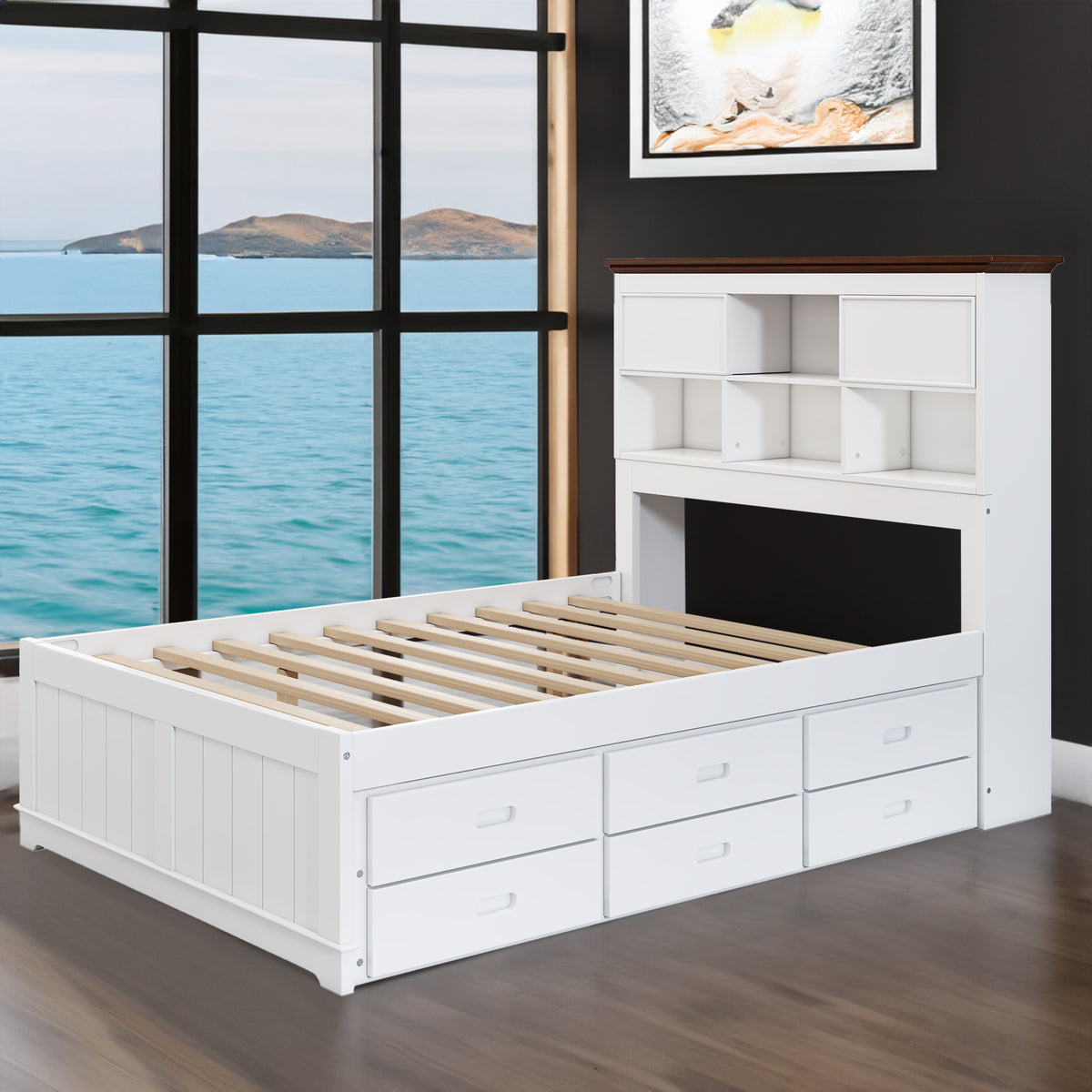 Pine Captain Bookcase Bed White Walnut