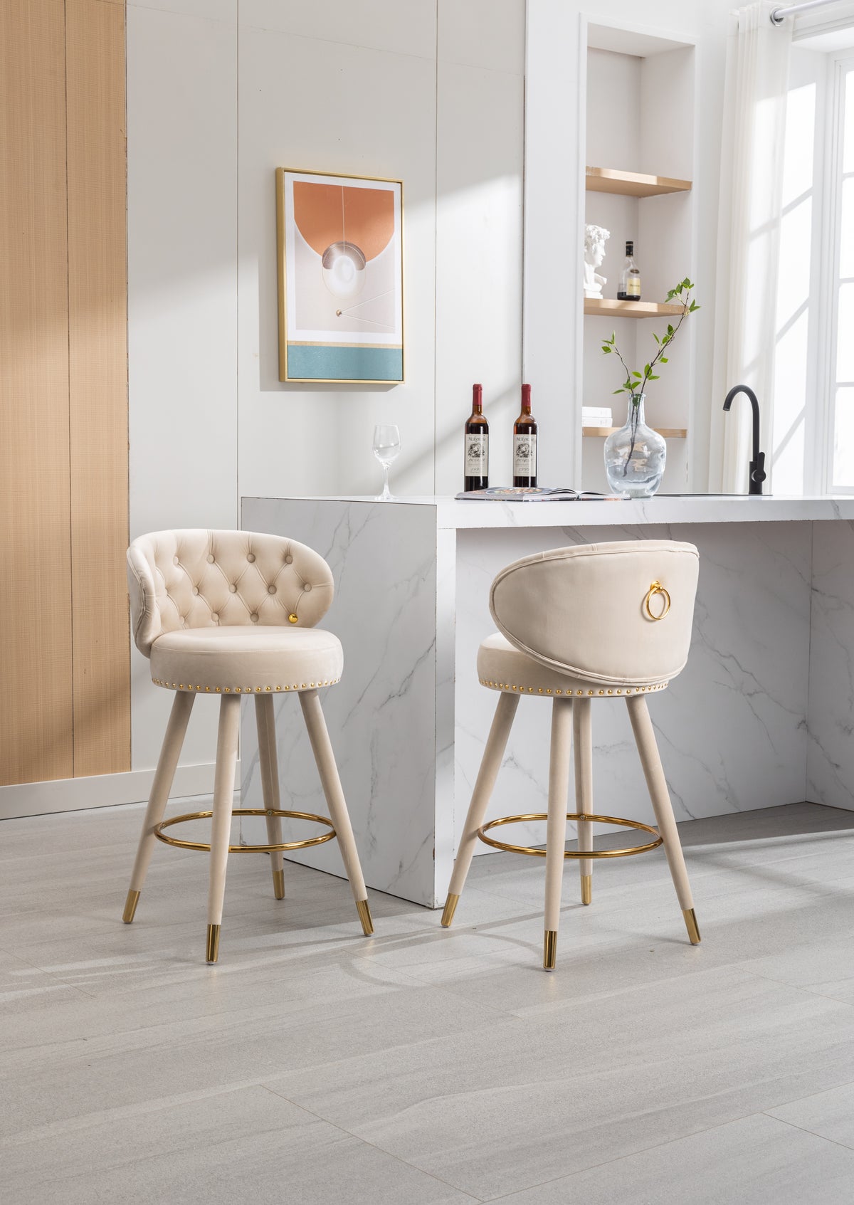 Coolmore Velvet Bar Stools (2 pcs) – Beige