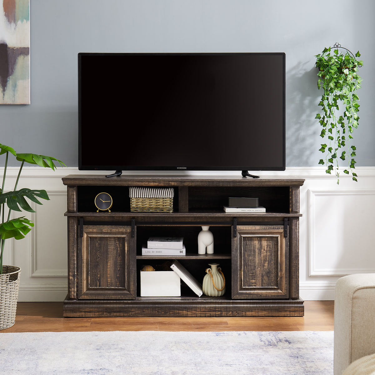 Mid-Century Sliding Door TV Cabinet Brown