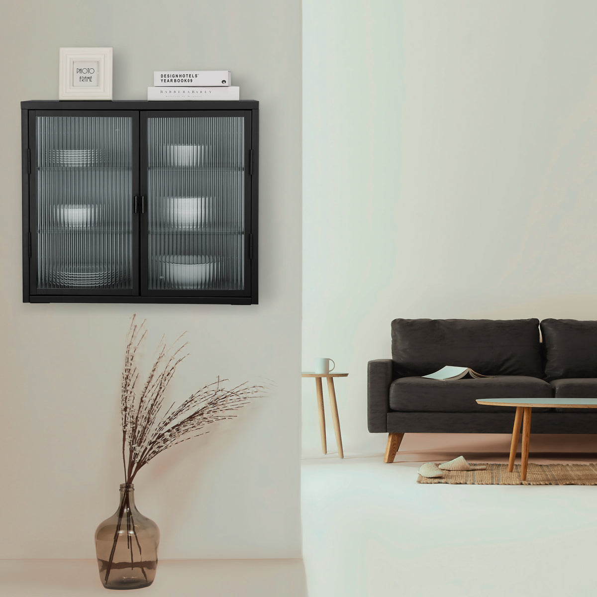 Retro Double Glass Wall Cabinet with Detachable Shelves White