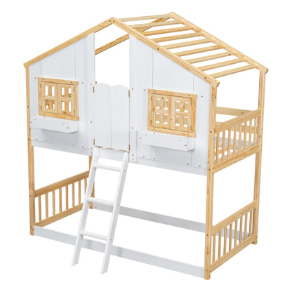 Twin House Bunk Bed Natural White