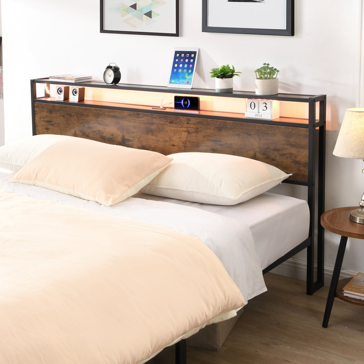 Industrial Storage Bed with LED & USB – Rustic Brown