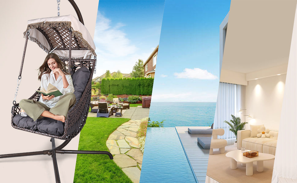 Rattan Swing Egg Chair with Stand Beige