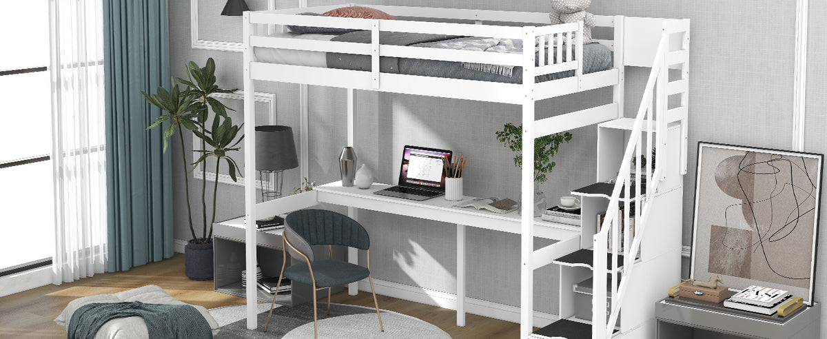 Twin Loft Bed with Staircase and Desk White