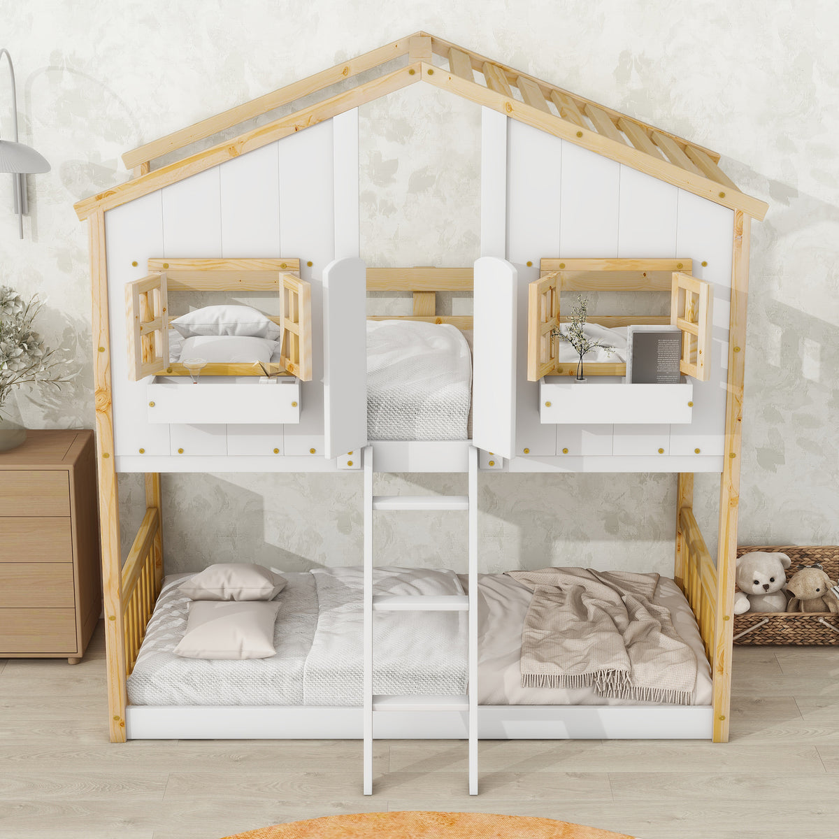 Twin House Bunk Bed Natural White