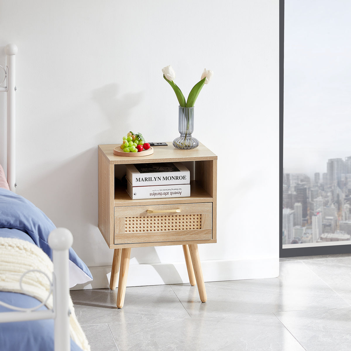 Rattan End Table with USB Ports and Drawer