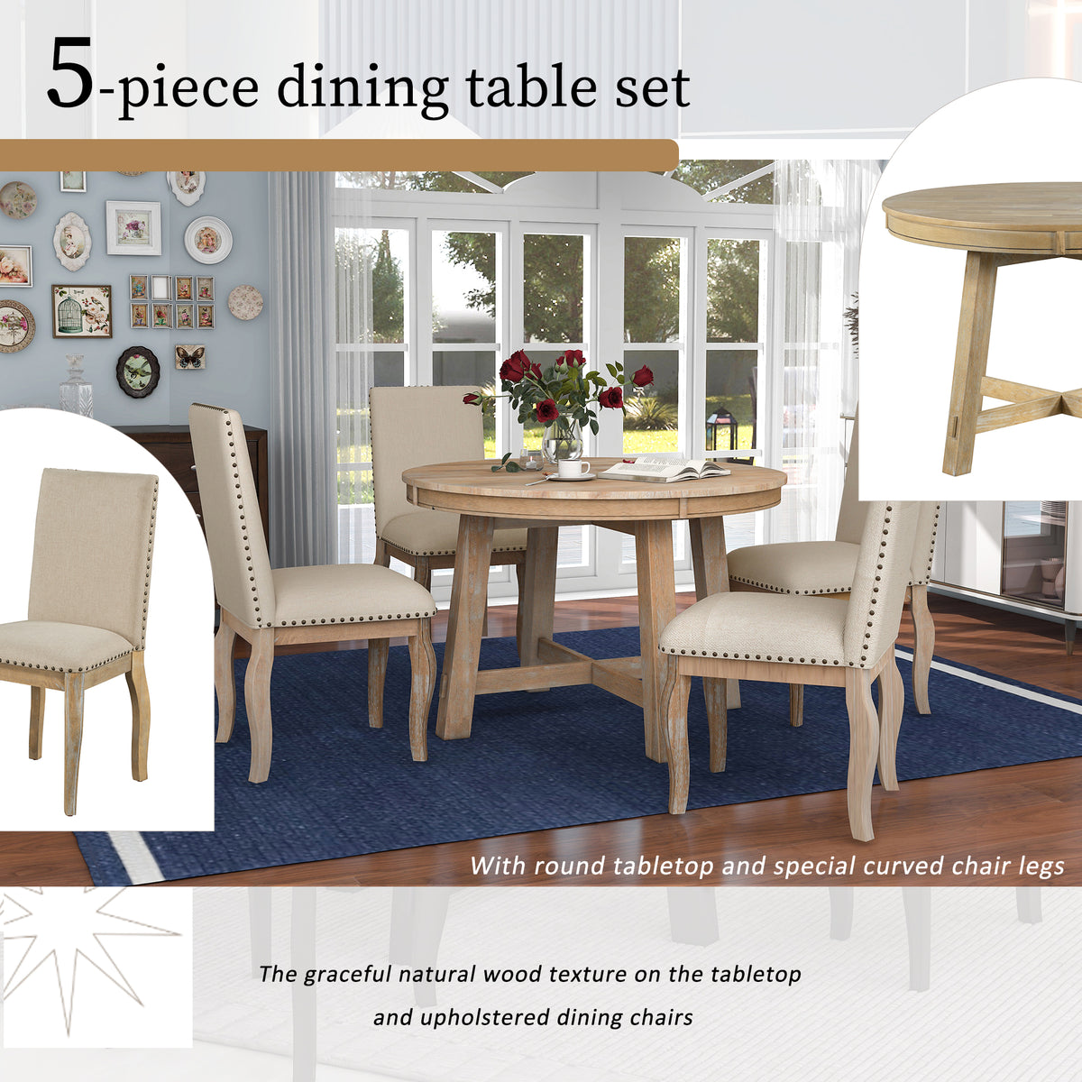 5-Piece Dining Set with Round Table Wood Wash