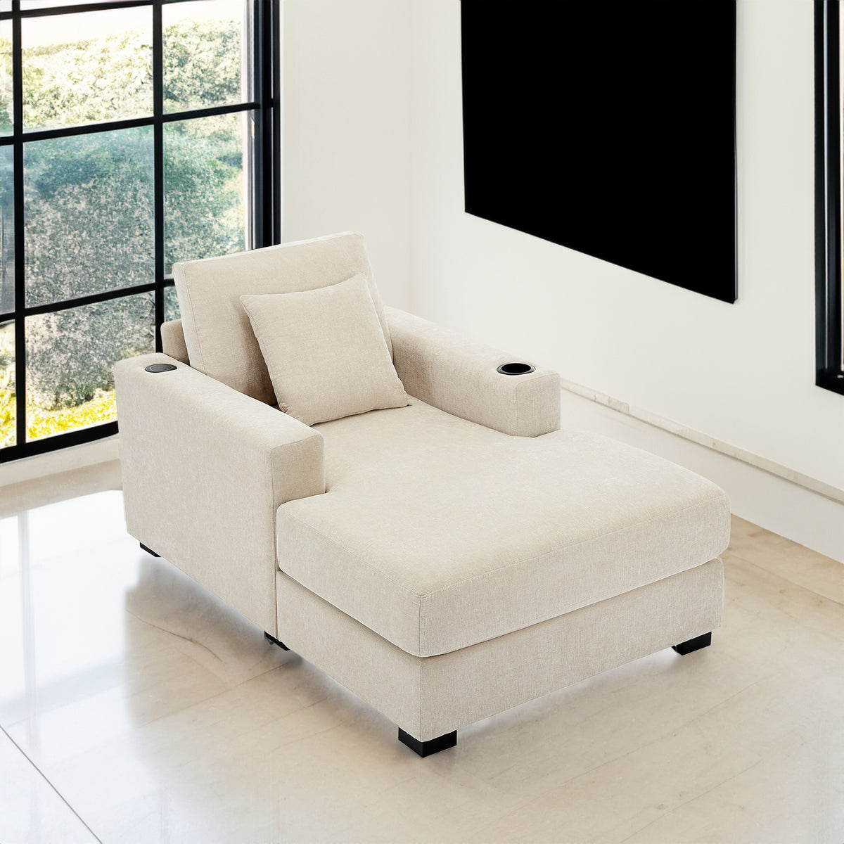 Oversized Chaise Lounge with Pillows Cream