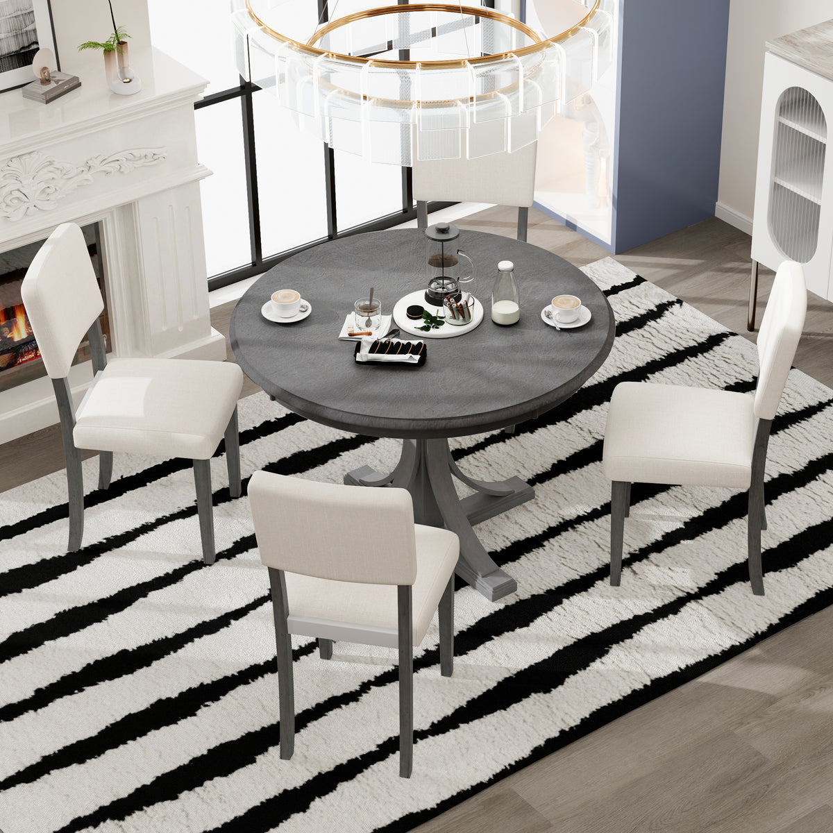 Dark Gray 5-Piece Round Dining Set – Solid Wood Table with Upholstered Chairs