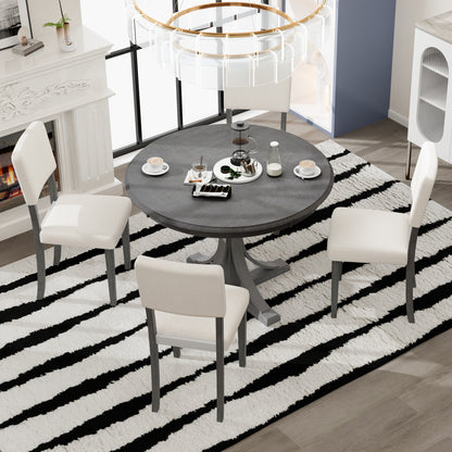 Dark Gray 5-Piece Round Dining Set – Solid Wood Table with Upholstered Chairs