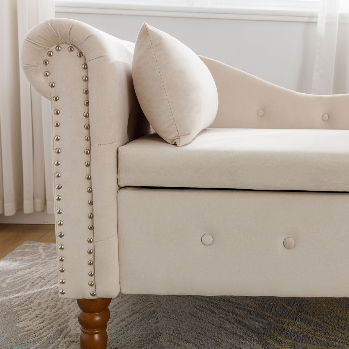 Beige Chaise Lounge with Storage and Pillow