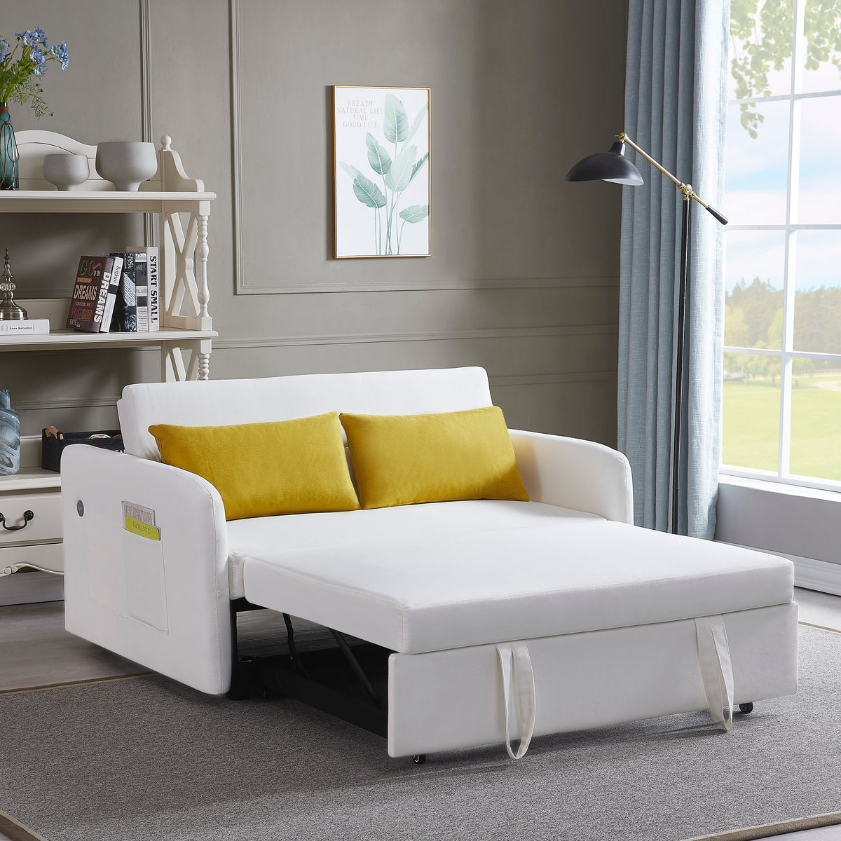Cream Convertible Sofa Bed – Twin Size Sleeper with Storage