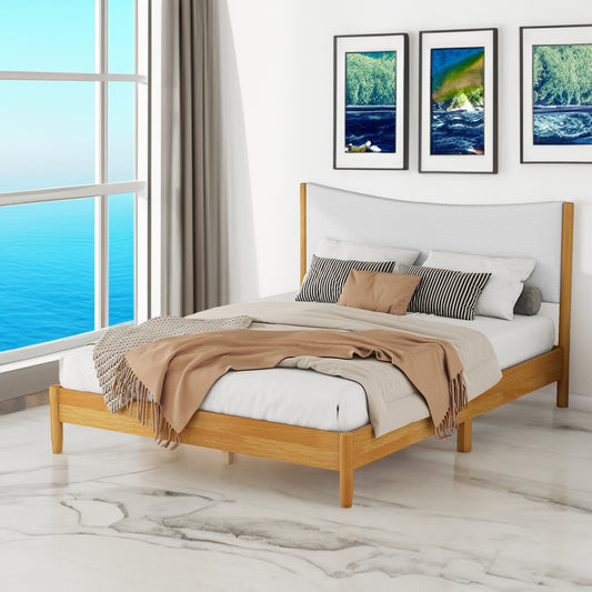 Queen Platform Bed with Upholstered Headboard Beige