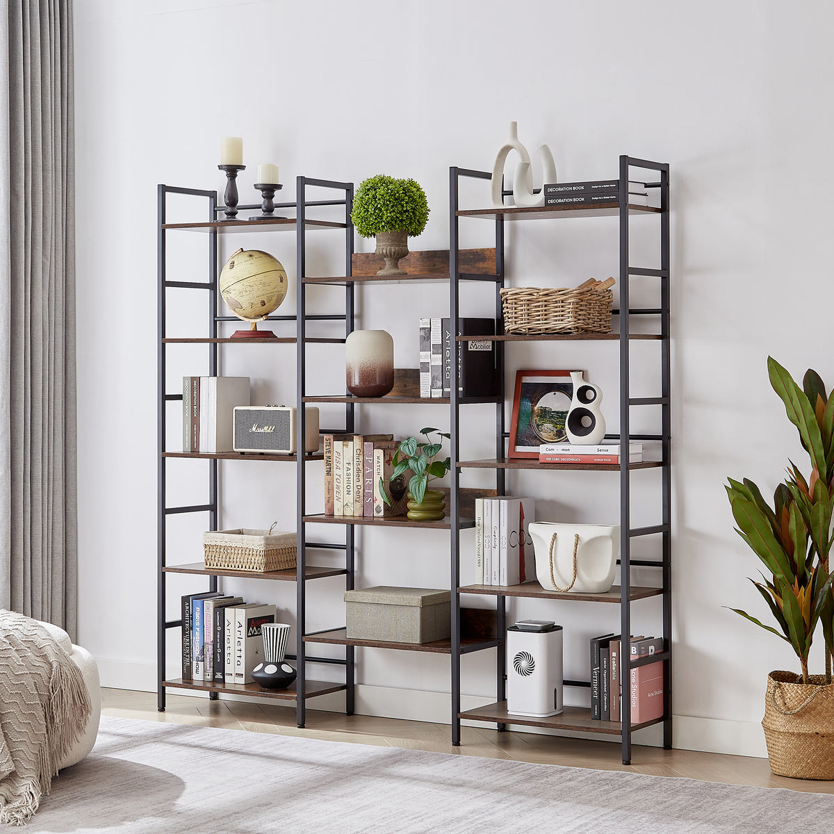 Rustic Triple Bookshelf Industrial Brown