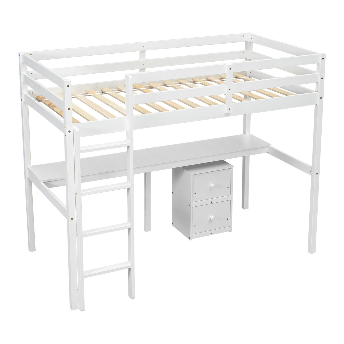 White Twin Loft Bed with Storage & Ladder