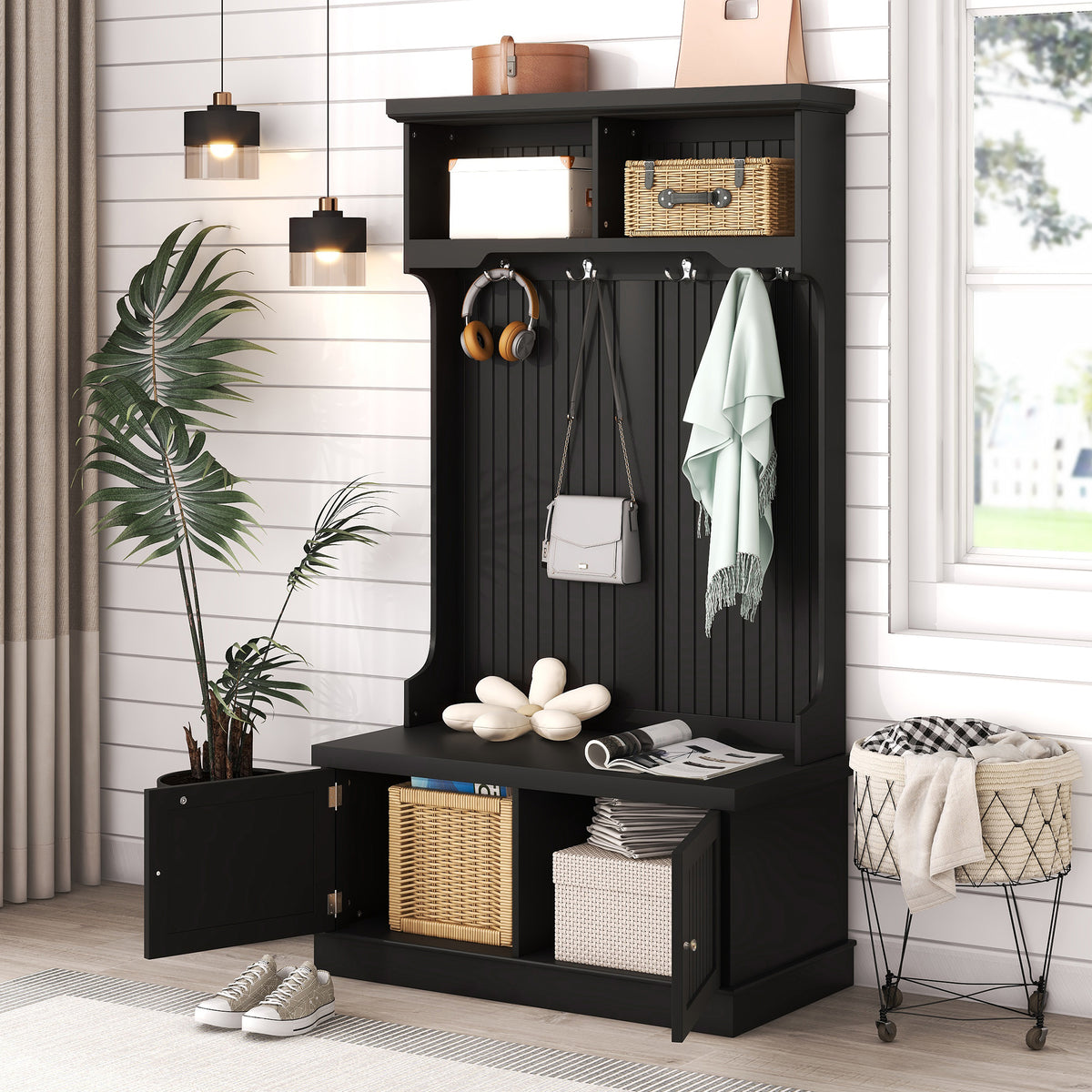 Hall Tree with Drawers and Hooks Black