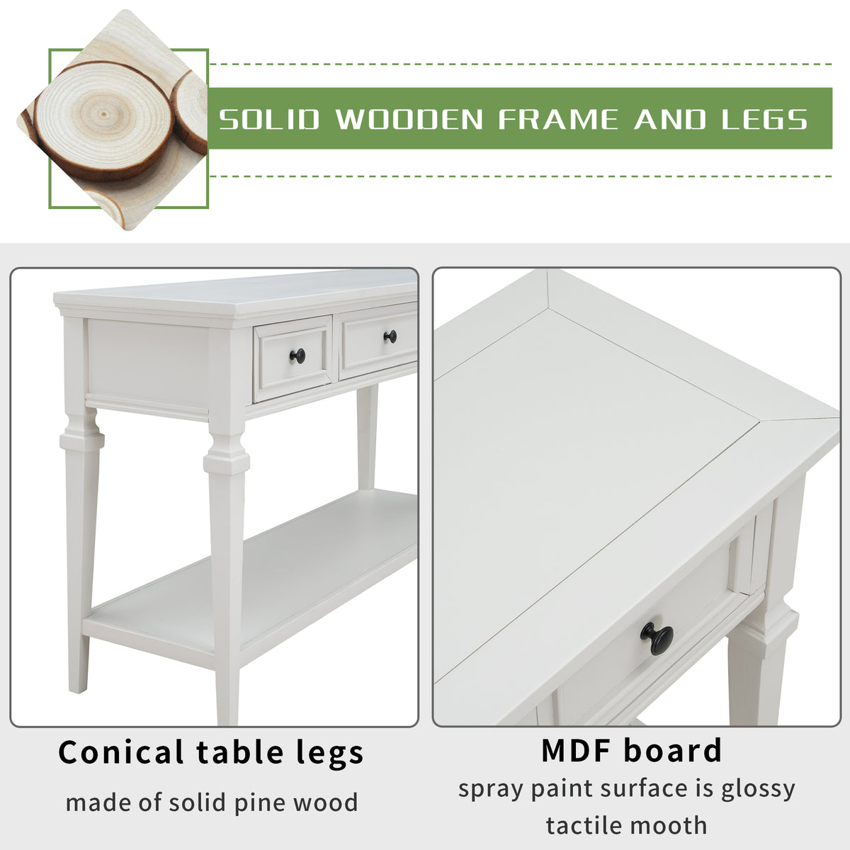 White Wood Console Table with Drawers