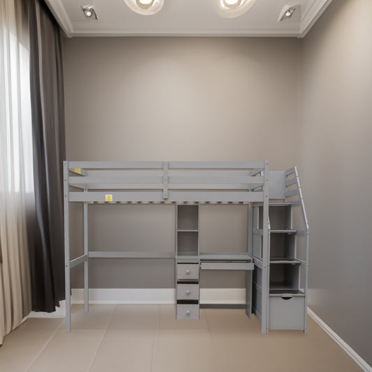 Twin Loft Bed with Storage Gray