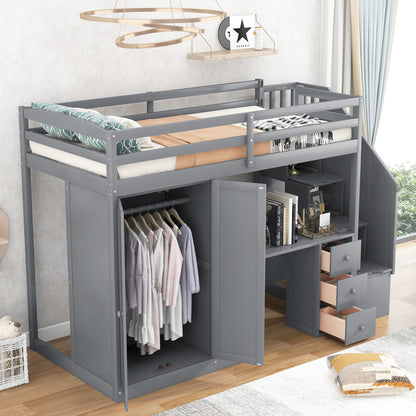 Twin Loft Bed with Wardrobe Gray