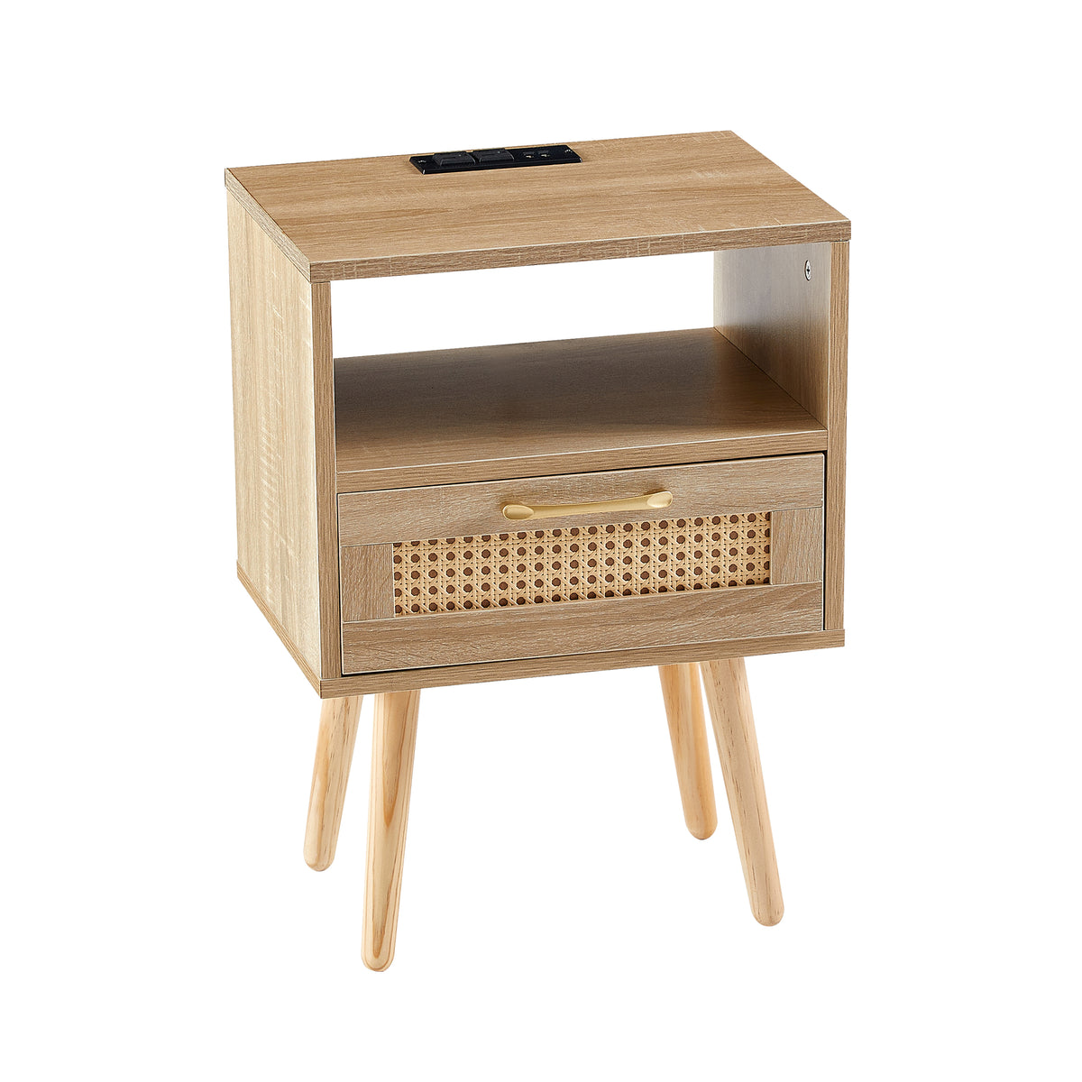 Rattan End Table with USB Ports and Drawer