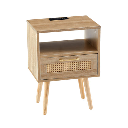 Rattan End Table with USB Ports and Drawer