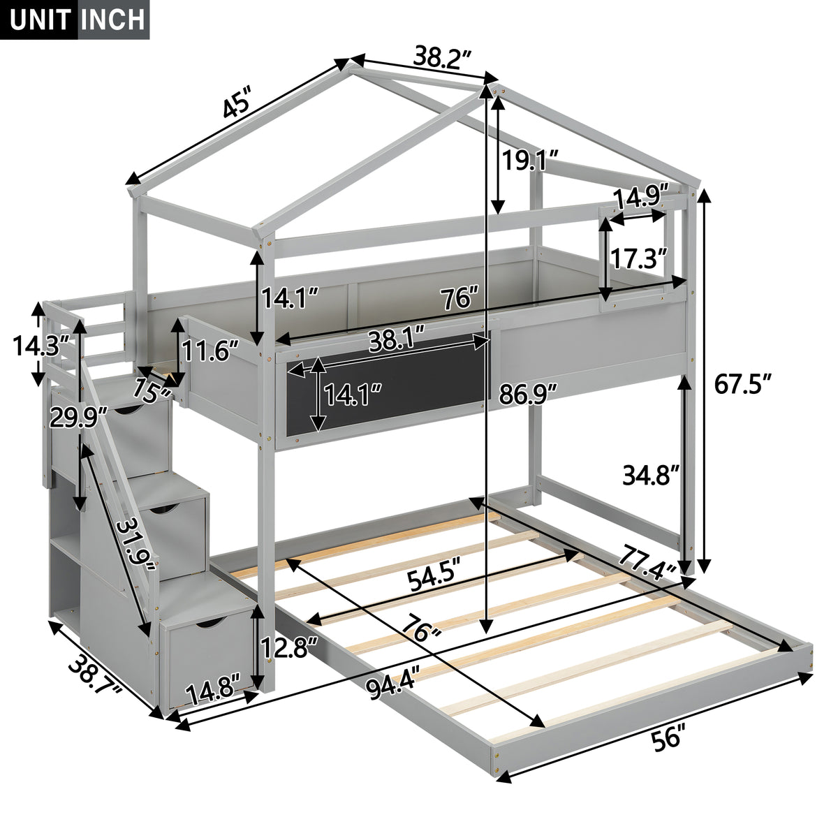 Twin-Full Storage Bunk Bed – Gray