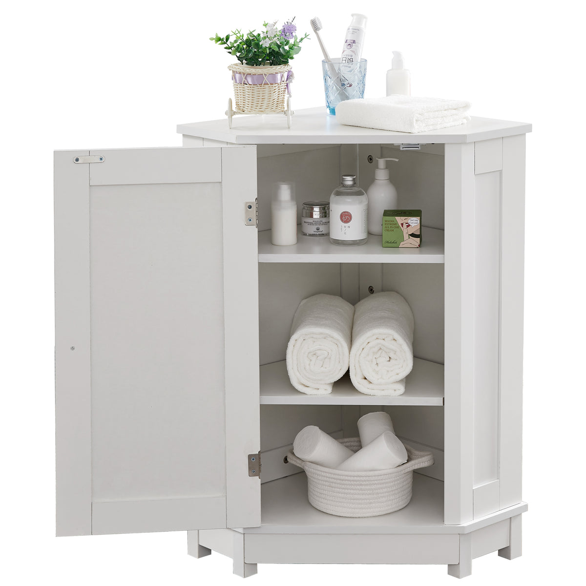 White Corner Bathroom Storage Cabinet Adjustable Shelves
