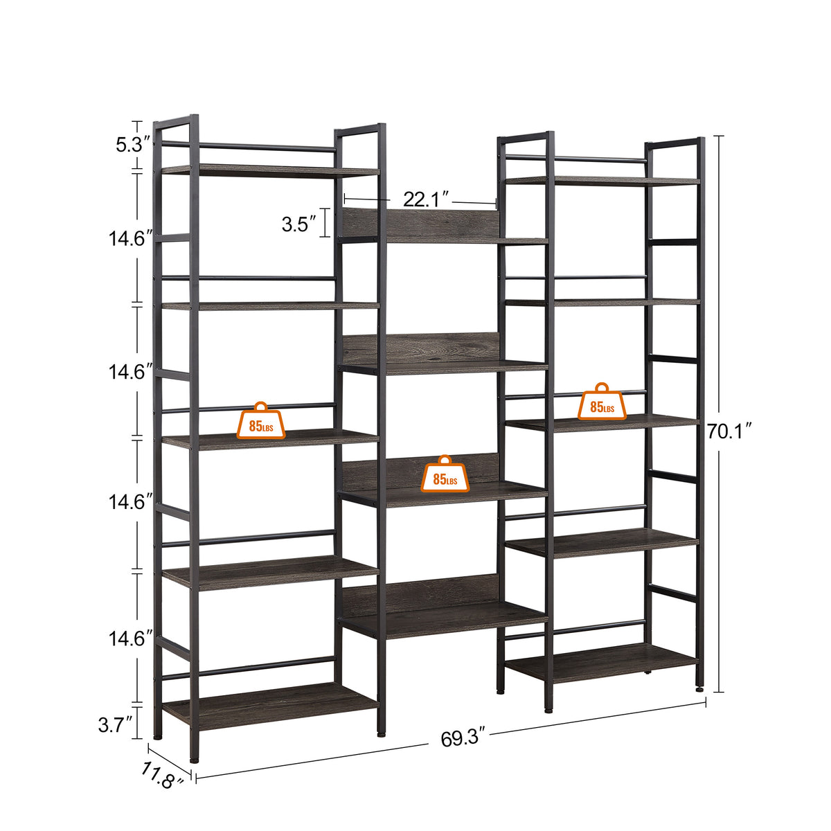 Industrial 5-Shelf Bookshelf Gray